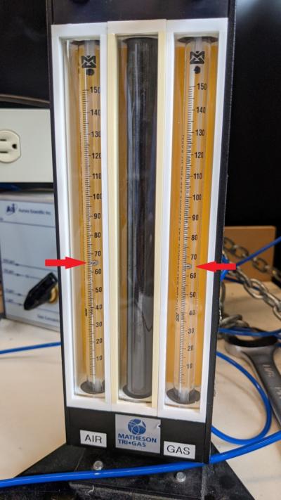 Figure 6. Matheson flowmeters showing equal flow rate of clean air and tracer gas during calibration. Figure 6. Matheson flowmeters showing equal flow rate of clean air and tracer gas during calibration.