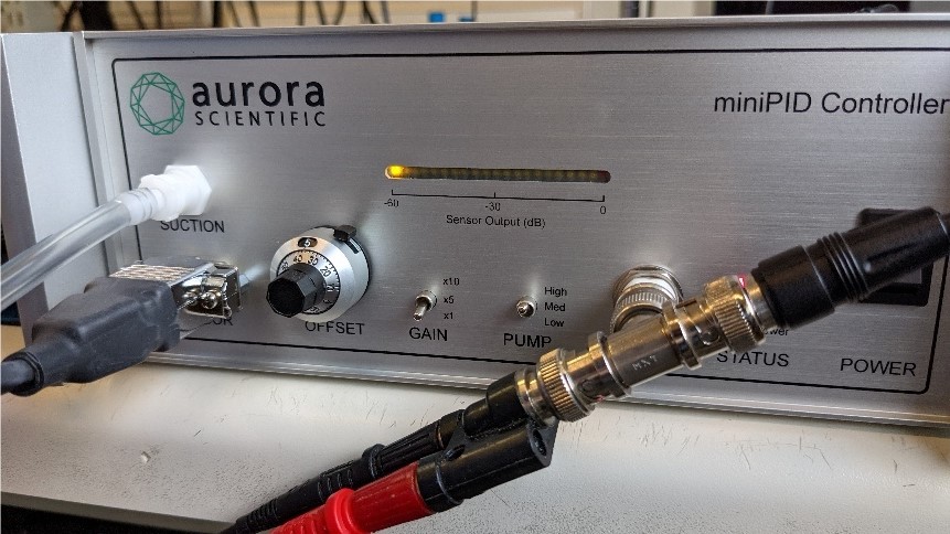 Figure 4. Front panel of miniPID controller showing 100mV baseline signal is equivalent to 1 LED. Figure 4. Front panel of miniPID controller showing 100mV baseline signal is equivalent to 1 LED.